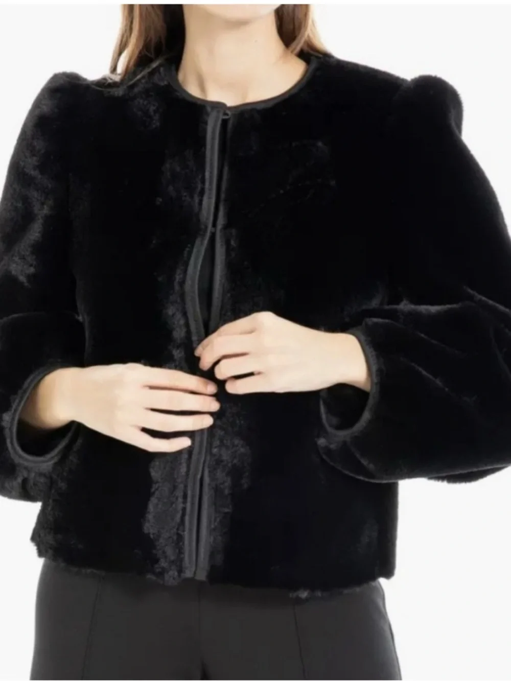 Max Studio Black Faux Fur Cropped Teddy Jacket - Picture 1 of 4